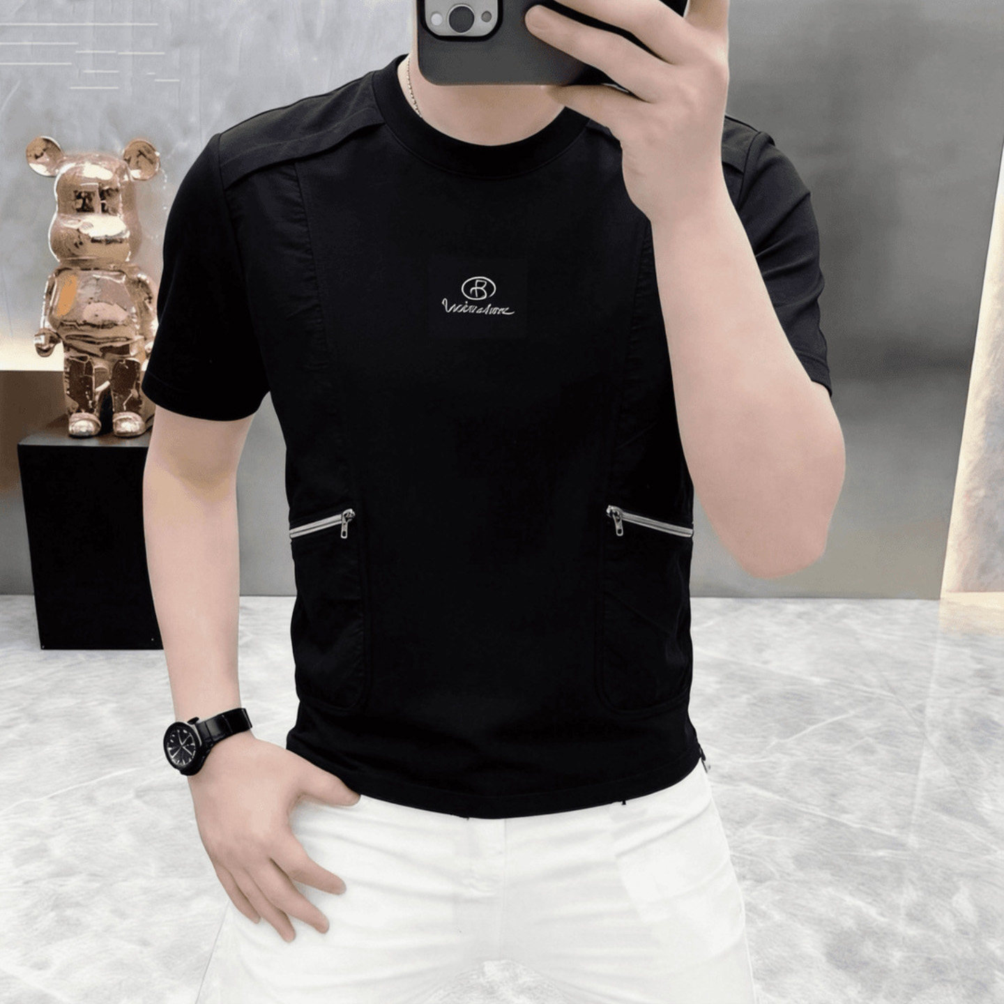 维乾男装高档夏季男士时尚老钱风圆领短袖T恤星海百搭半袖体恤潮