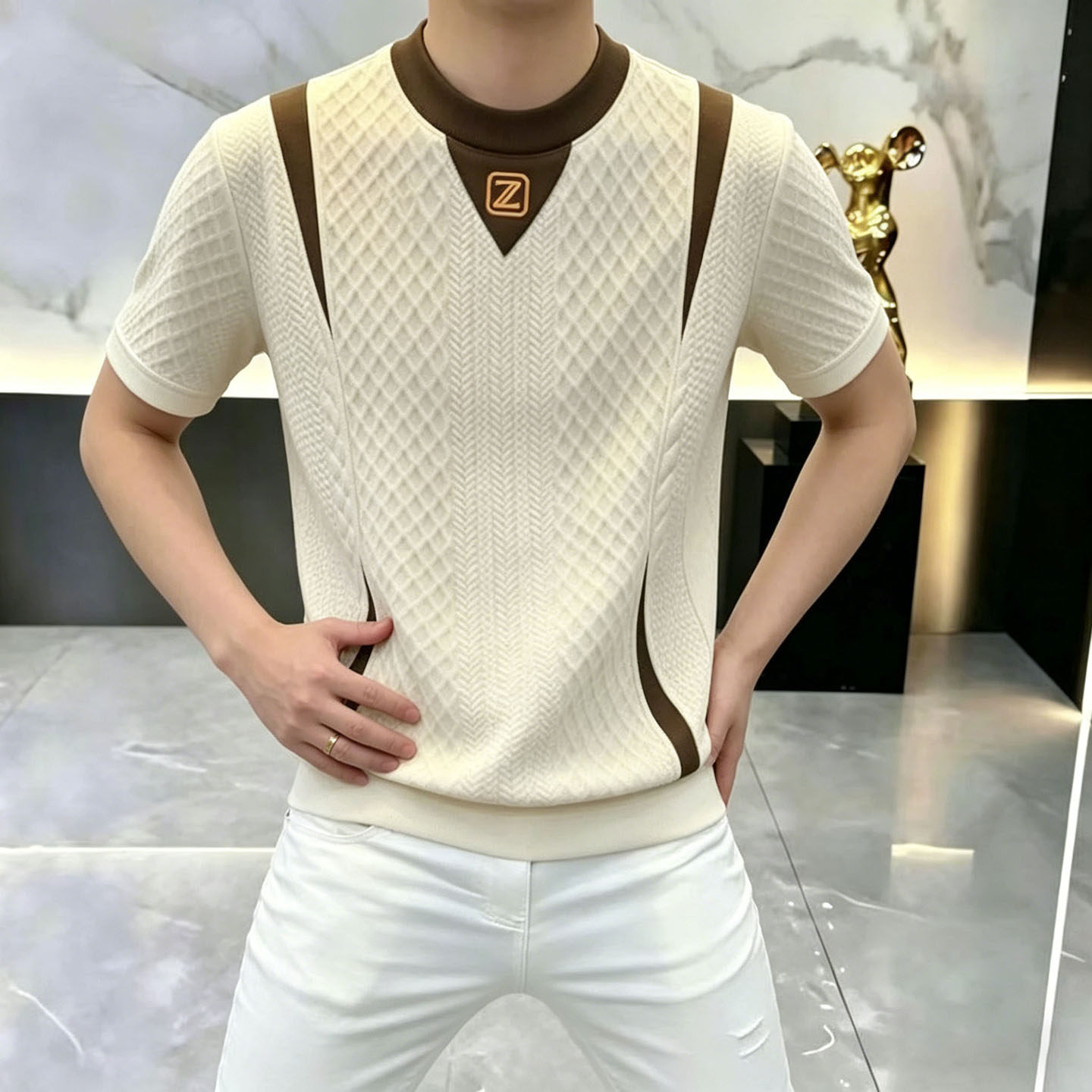 点击率男装旗舰店2026夏季新款高档男士短袖玟若老钱风轻奢T恤潮