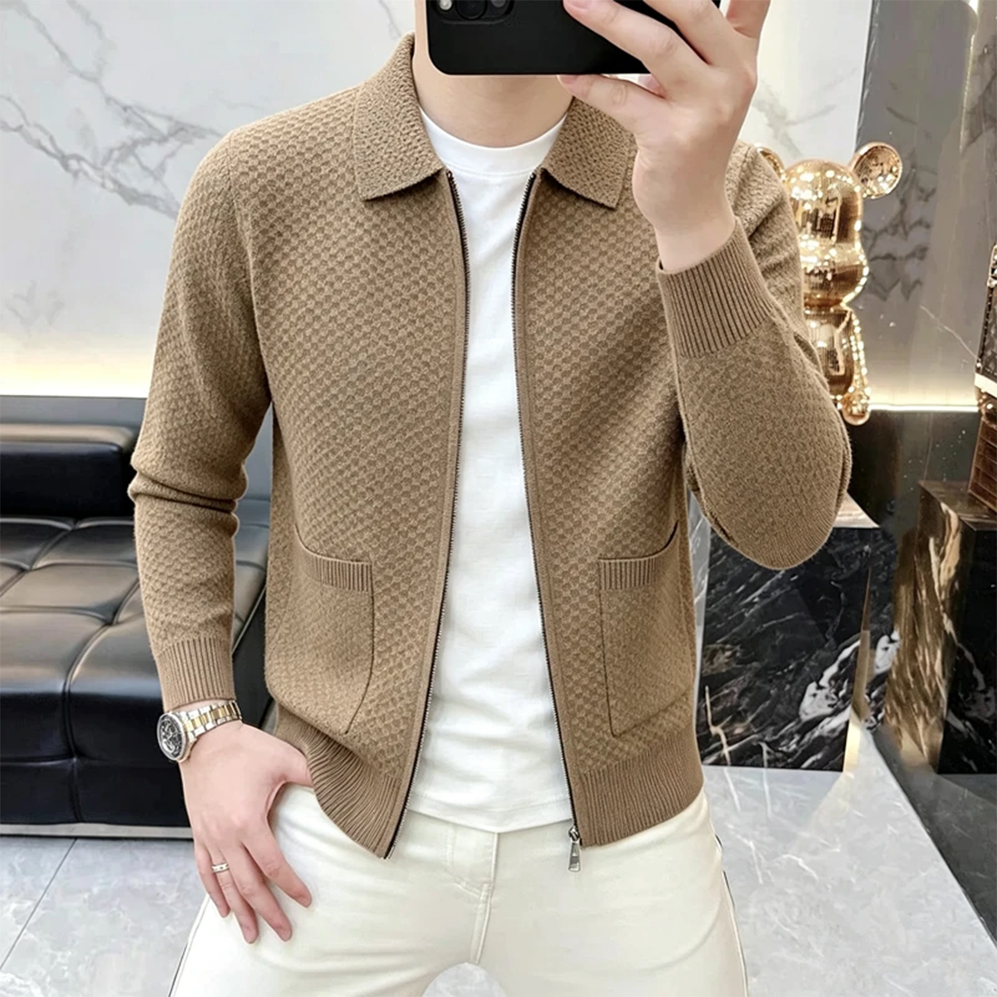 晴雨男装服饰商行2026春秋新款针织衫男格子毛衣开衫轻奢长袖外套