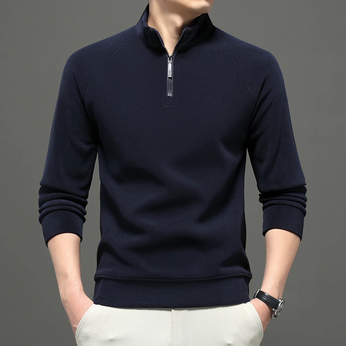 昝品轻奢男装秋冬加绒加厚打底衫绵羊毛奥粒绒卫衣半拉链立领长袖