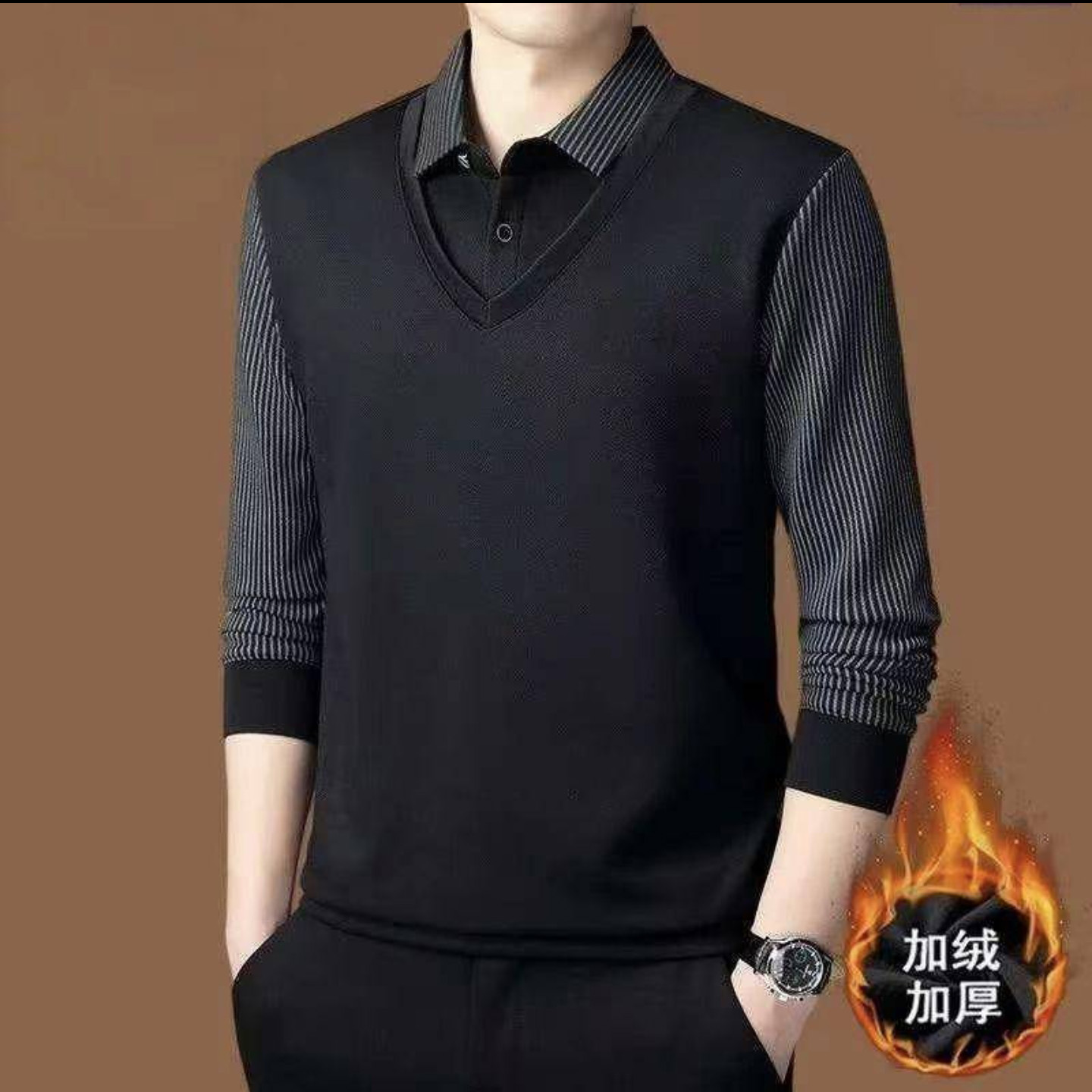 宏嫩优选好物男装冬季男士加绒加厚保暖毛衣衬衫假两件针织打底衫