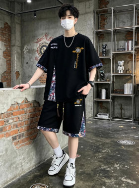 榕坤男士休闲运动套装新中式国潮风大码男装青少年短袖短裤两件套
