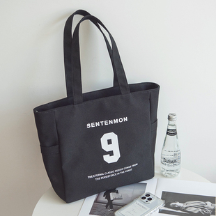 帆布女单肩包2023原创新款 字母布包上班上课托特手提包 大容量时尚