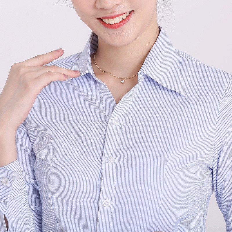 白底蓝色竖条纹工装长袖衬衫女秋款V领银行服修身大码衬衣