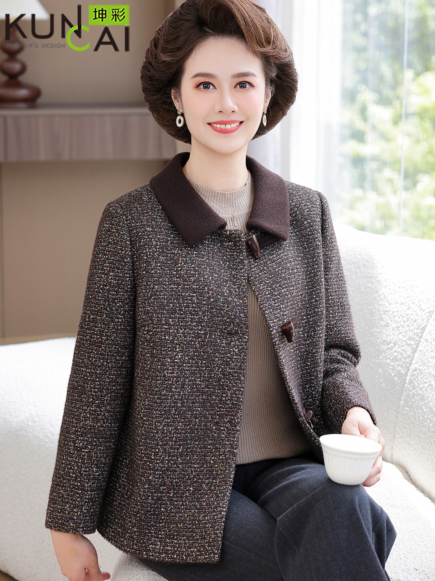 中年妈妈秋装高级感轻奢毛呢外套翻领上衣中老年女装秋冬时尚开衫