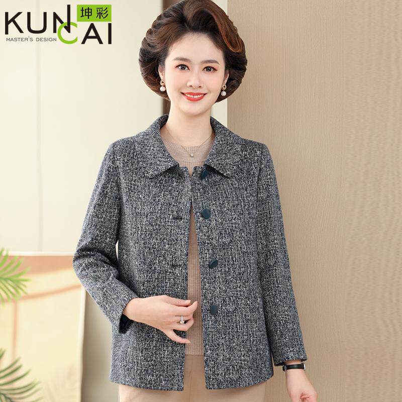 妈妈春装洋气大码外套春秋时尚夹克衫中老年女格子上衣服2025新款