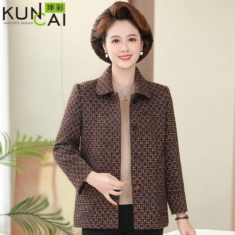 小个子妈妈春秋季2025新款时尚洋气毛呢外套50多岁中老年女士上衣
