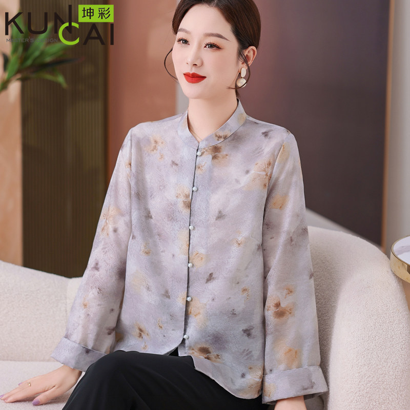 新中式妈妈春装国风盘扣衬衫印花长袖上衣中老年女装春秋薄款衬衣