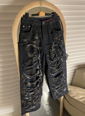 巴黎风格重工泼墨糜烂牛仔裤男女潮牌美式高街宽松做旧脏脏阔腿裤