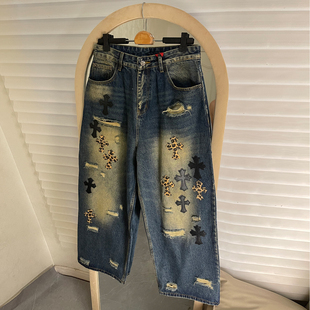 街头宽松百搭破洞阔腿拖地裤 CH克罗十字架贴皮豹纹牛仔裤 男女美式