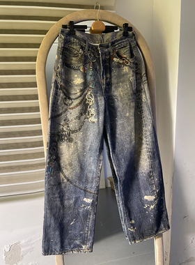 2025AC新款3D印花泼墨涂鸦牛仔裤男女美式潮牌宽松直筒炸街阔腿裤