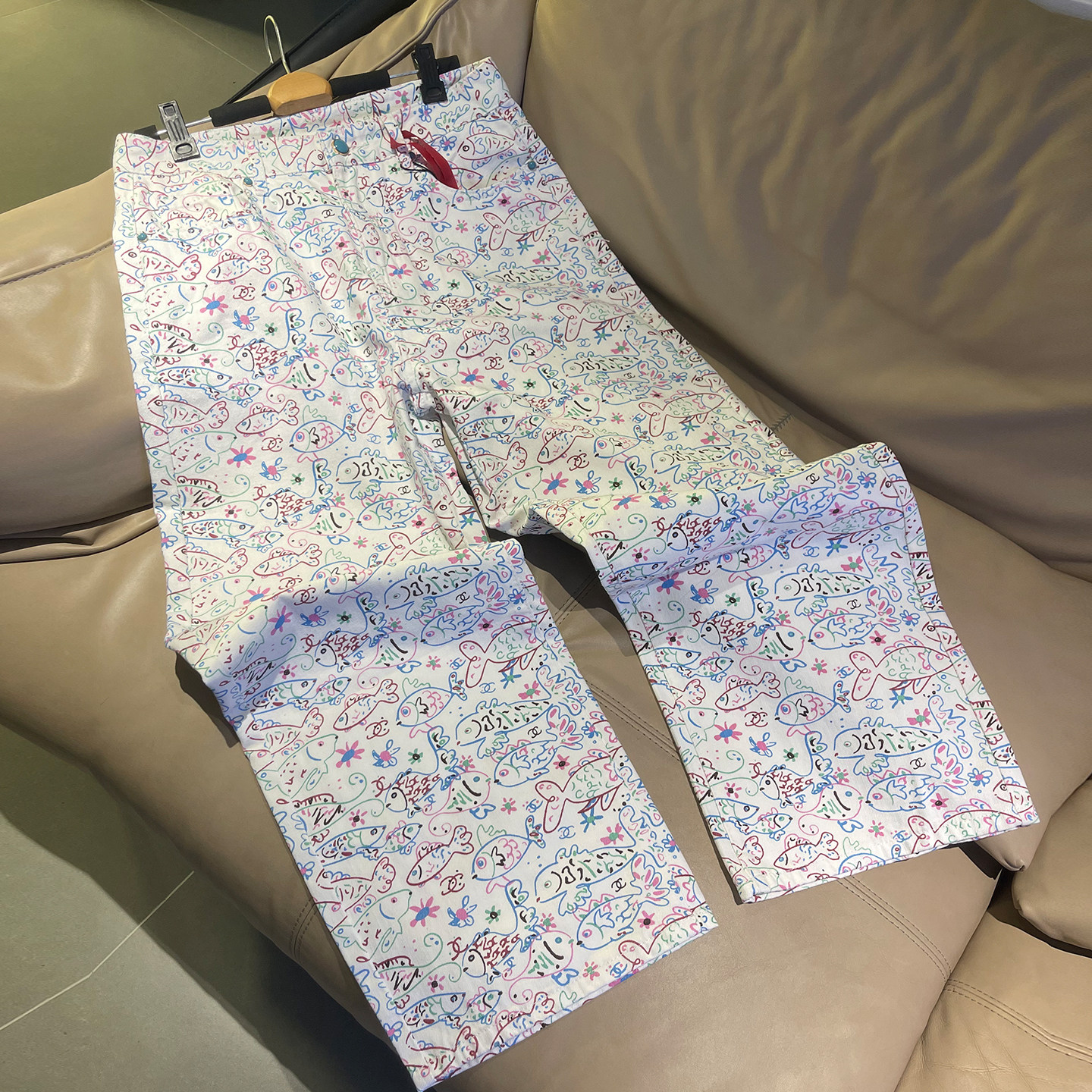 卡通小鱼手绘涂鸦印花牛仔裤男女美式潮牌宽松直筒休闲阔腿拖地裤