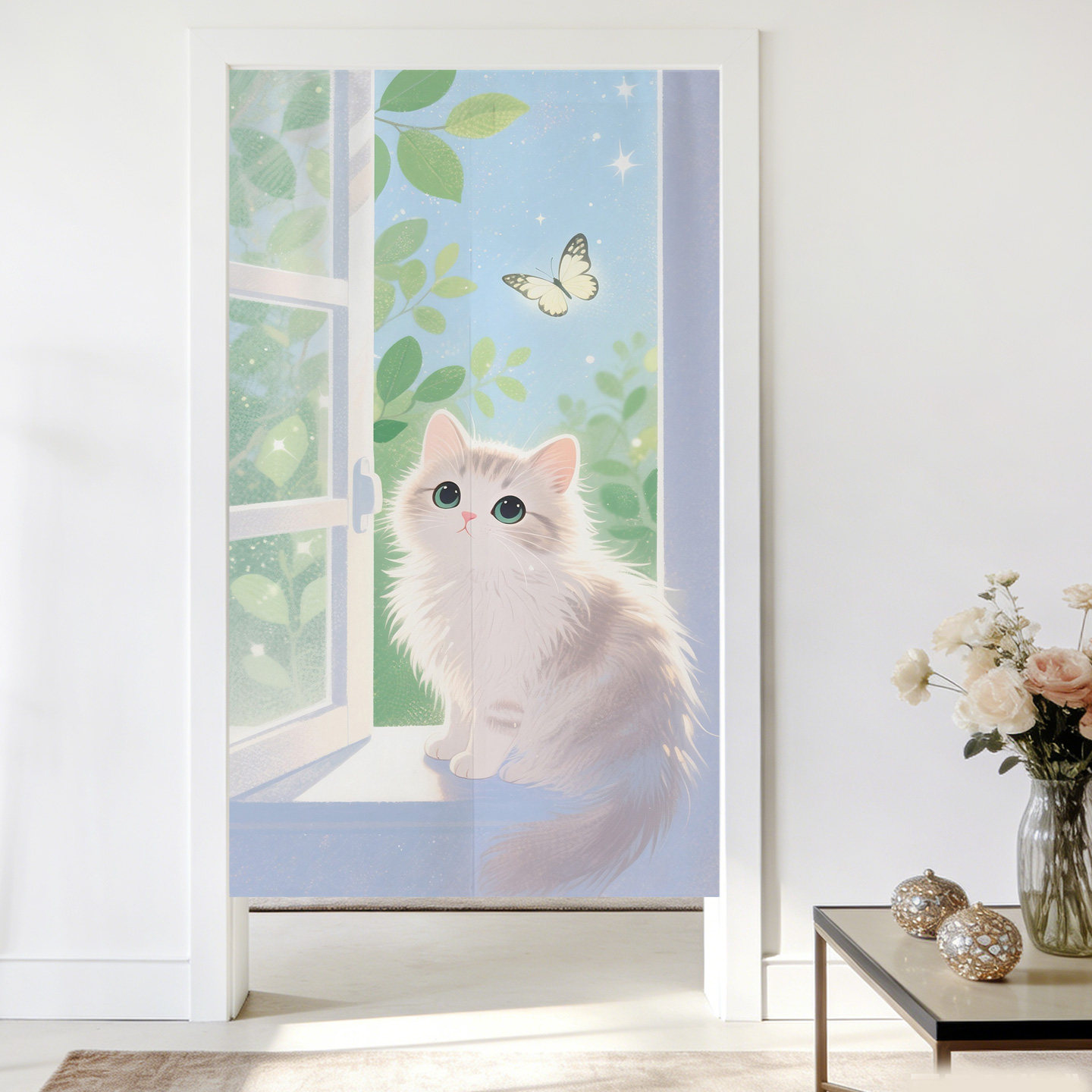 清新治愈猫咪门帘日系卡通布艺隔断帘家用免打孔卧室儿童房遮挡帘