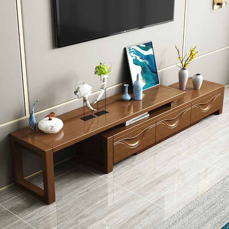 现代简约新中式实木电视柜家用小户型客厅伸缩调节电视柜组合