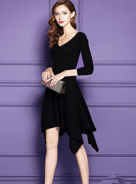 经典春夏新款拉丁女V领不规则连衣裙大码显瘦舞蹈练功小黑晚礼服