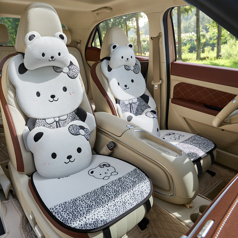 豹纹小熊汽车坐垫亚麻布座垫2026新款可爱女神内饰单片半包座椅套