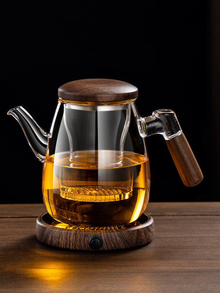 防爆玻璃茶杯,核桃过滤木柄带盖,三件式茶水分离花茶杯,办公杯