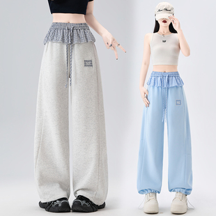 格子屁帘弯刀运动卫裤女2026春夏新款高腰修身显瘦宽松直筒阔腿裤