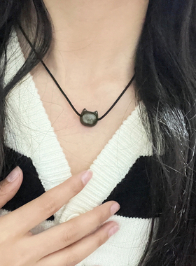 天然黑曜石猫头项链可调节礼物