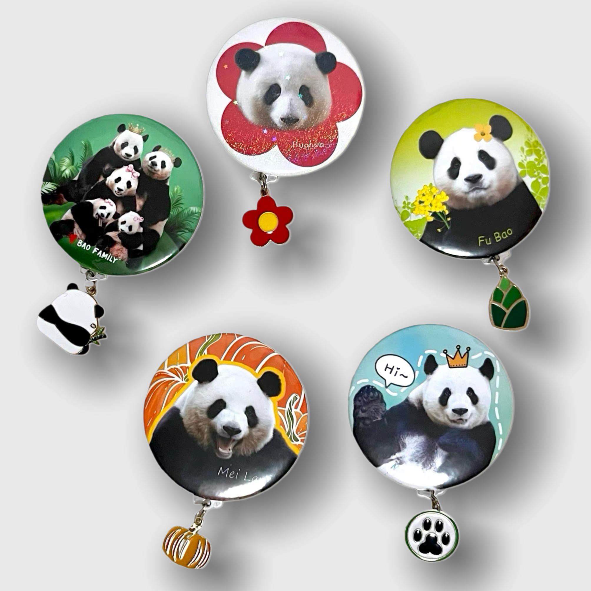 大熊猫萌兰福宝花花创意带滴溜吊坠挂件吧唧徽章胸针纪念礼物周边