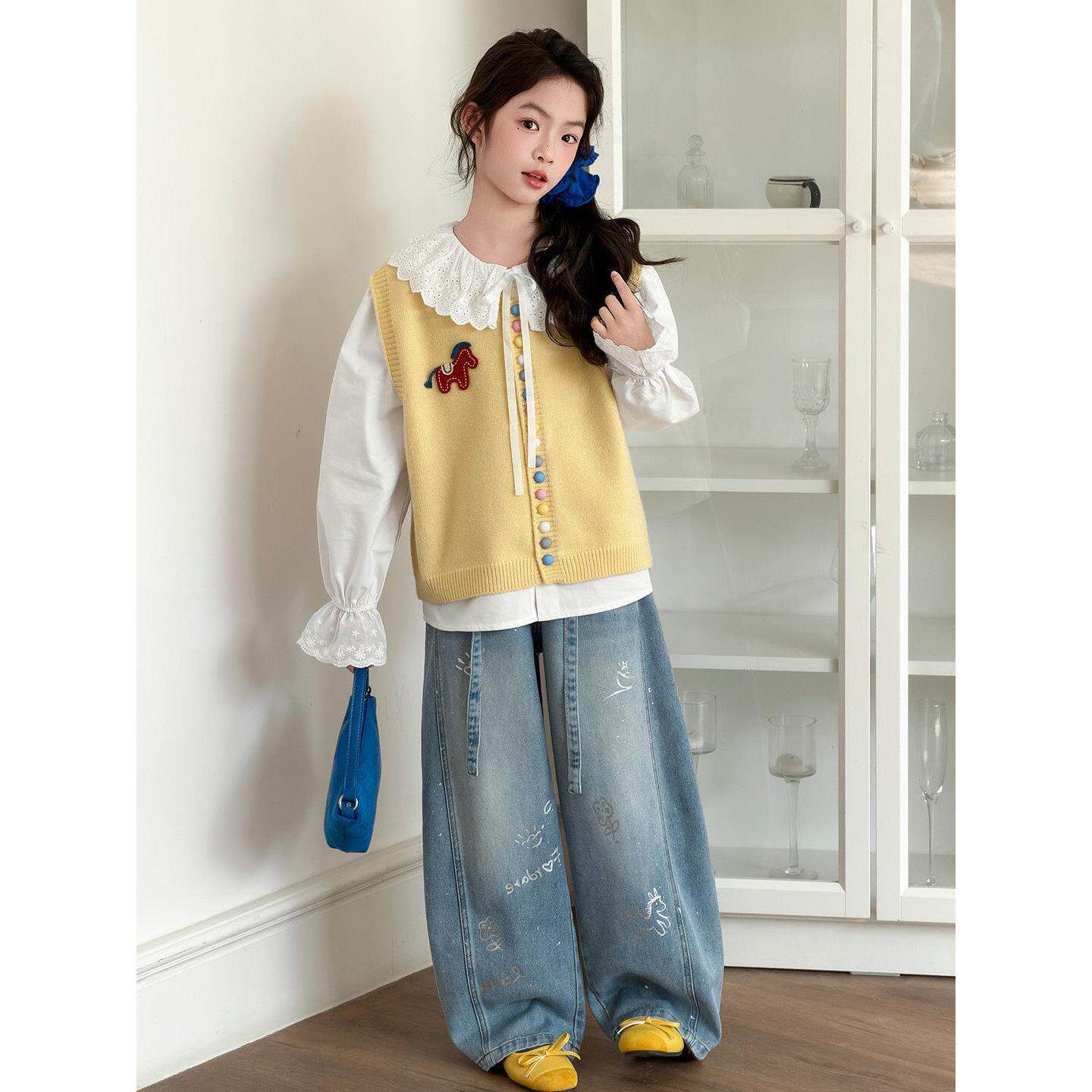 韩系儿童款女童牛仔裤春秋衬衫超2026套装马甲春装好看三件套新款