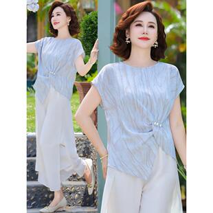 夏装阔气质新款2025短袖上衣女装夏季中老年太太套装减龄冰丝妈妈