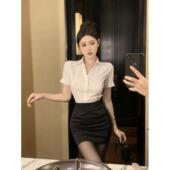 衬衣V衬衫 白色纯欲工作服显瘦领性感职业短袖 制服OL 修身 女夏套装