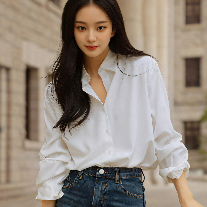 垂顺显瘦长袖衬衣女韩版宽松通勤百搭白色衬衫POLO领上衣