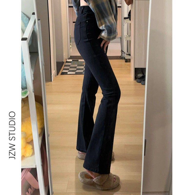 微喇叭牛仔裤女春秋款黑色修身显瘦高个子加长版高腰弹力马蹄裤子