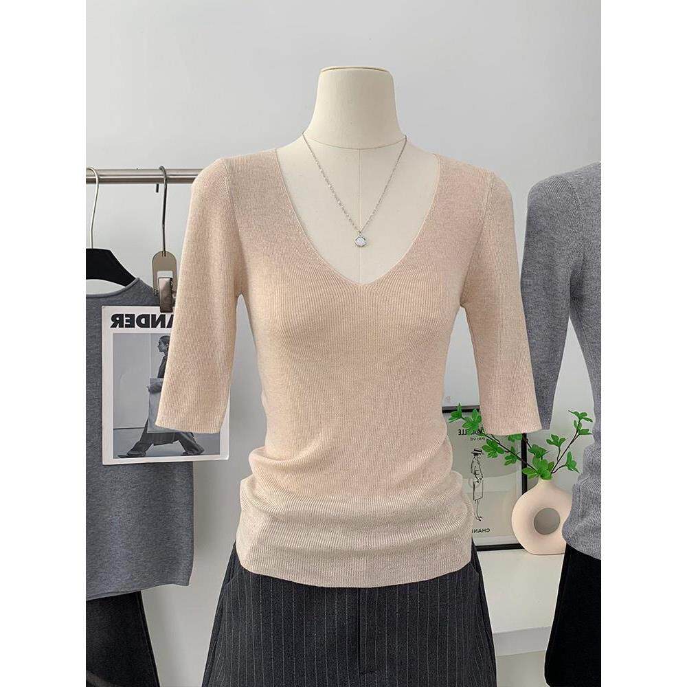 领独特恤修身搭上衣薄款Vt半袖春夏季女针织衫短袖内中袖打底杏色