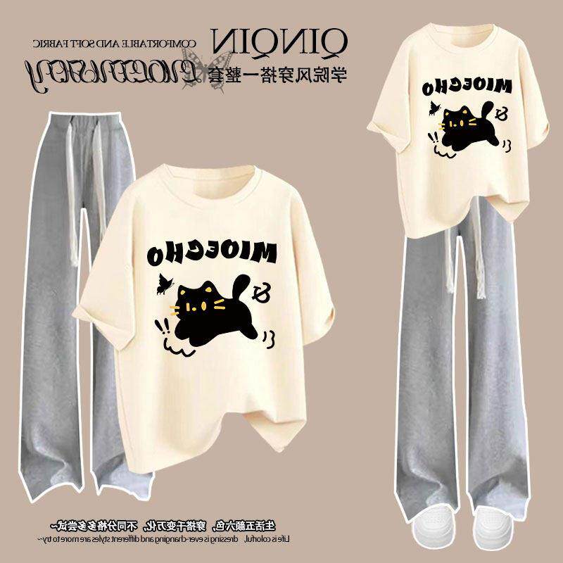 新款套装女童T恤纯棉小猫两件套印花短袖休闲中大童卡通夏季长裤