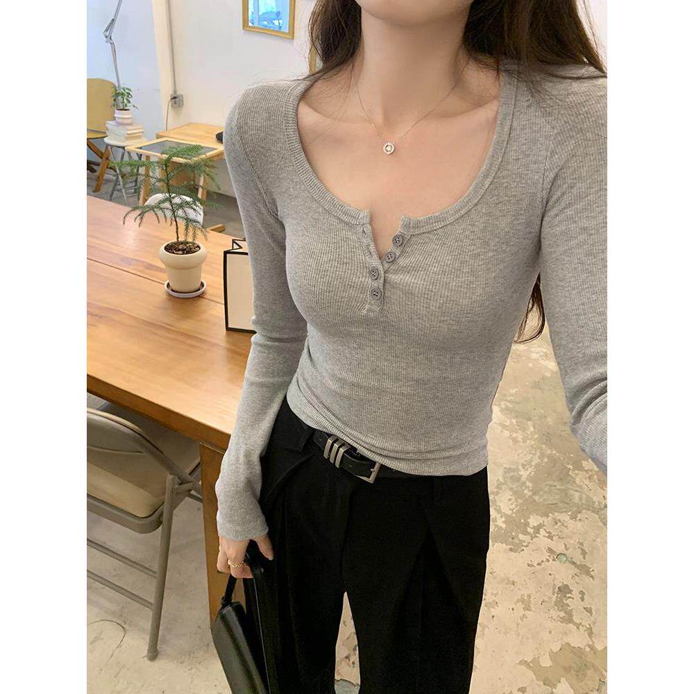 春季小女内亨利修身u灰色上衣衫领打底紧身长袖搭新款T恤纯棉2026