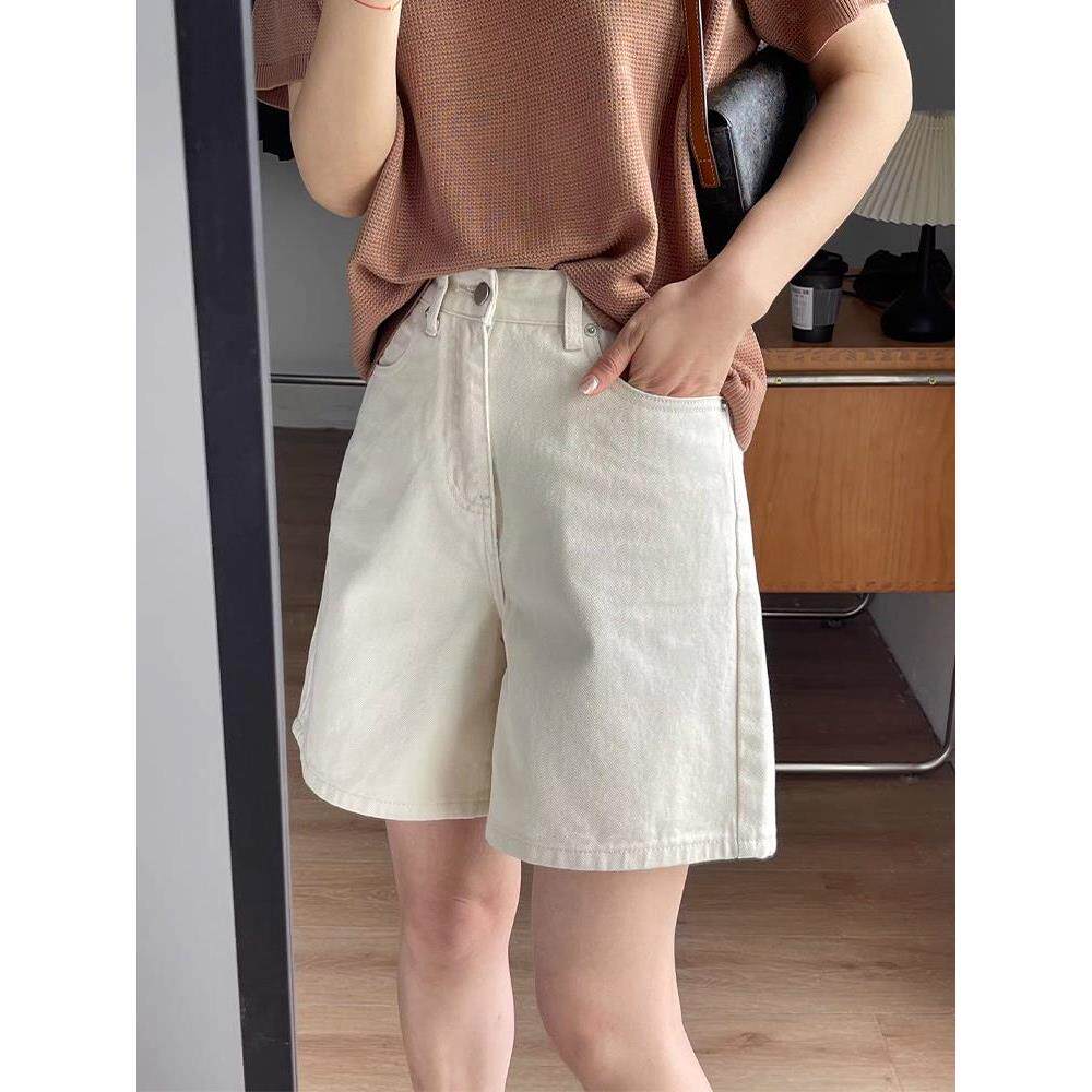 短裤五分mm适合大腿胯宽松粗牛仔裤子腿高腰杏色胖女夏薄款显瘦阔