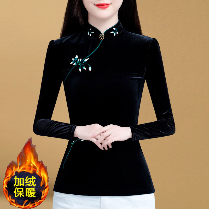 冬季金丝绒打底衫保暖内搭女2025新款加绒加厚上衣新中式立领小衫