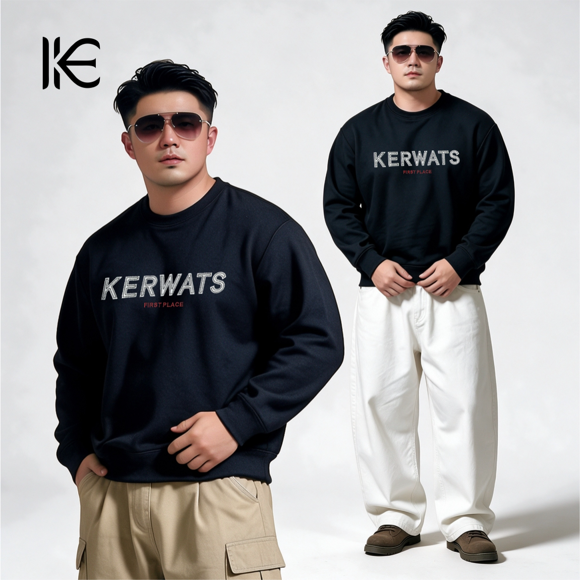 KERWATS品牌大码男装圆领卫衣纯棉刺绣花字母上衣服宽松胖子肥佬