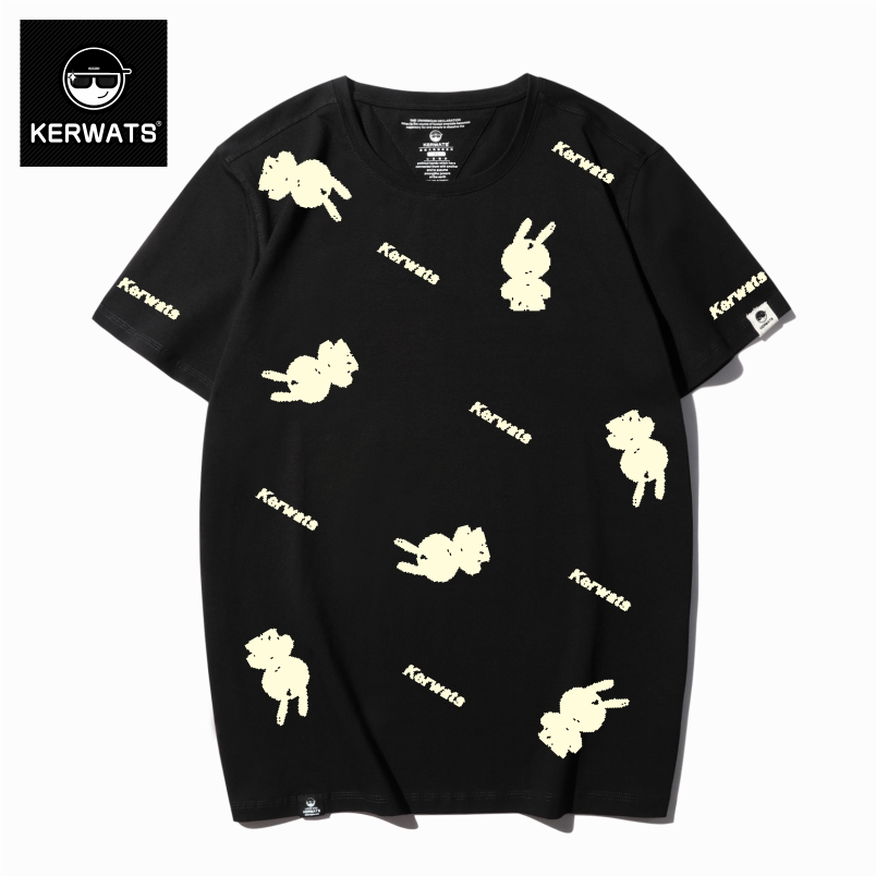 KERWATS兔子本命年卡通满身印花打底t恤潮牌男女情侣运动韩版短袖
