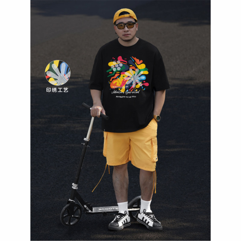KERWATS品牌大码男装彩色花卉刺绣潮胖加大号休闲春夏落肩短袖t恤,男装,大码上装,淘宝优惠券,粉丝福利购,淘宝优惠卷