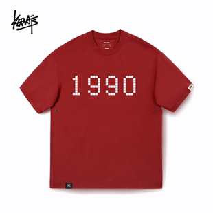 KERWATS品牌大码男女情侣方格数字1990印花红色短袖t恤马年本命年