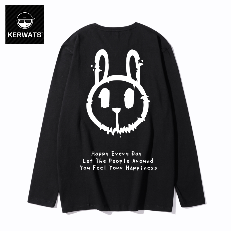 KERWATS韩版秋季新款兔子图案印花t恤大号宽松打底衫男女长袖T恤