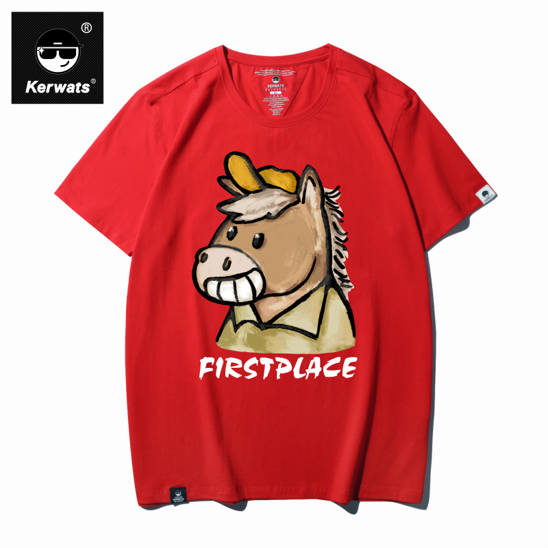 KERWATS本命年马年衣服马卡通印花2026新款男女款红色圆领短袖t恤