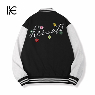 KERWATS可维特斯品牌大码男装英文花朵刺绣加大号肥仔外套棒球服