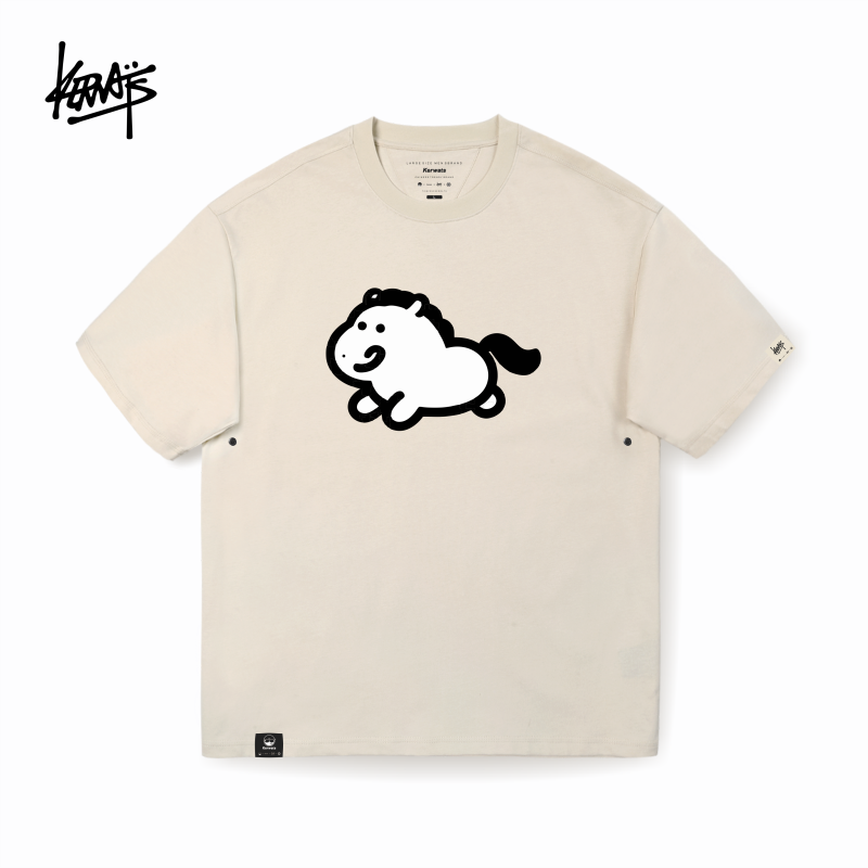 KERWATS可维斯品牌大码男女情侣黑白木马印花t恤夏季纯棉落肩短袖