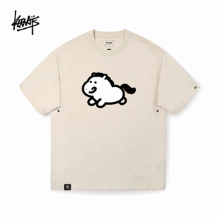 纯棉落肩短袖 KERWATS可维斯品牌大码 男女情侣黑白木马印花t恤夏季
