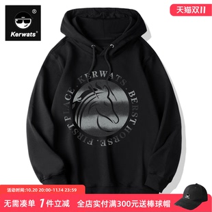 KERWATS品牌大码 马年纯棉秋冬套头卫衣 男女情侣圆圈马头印花帽衫
