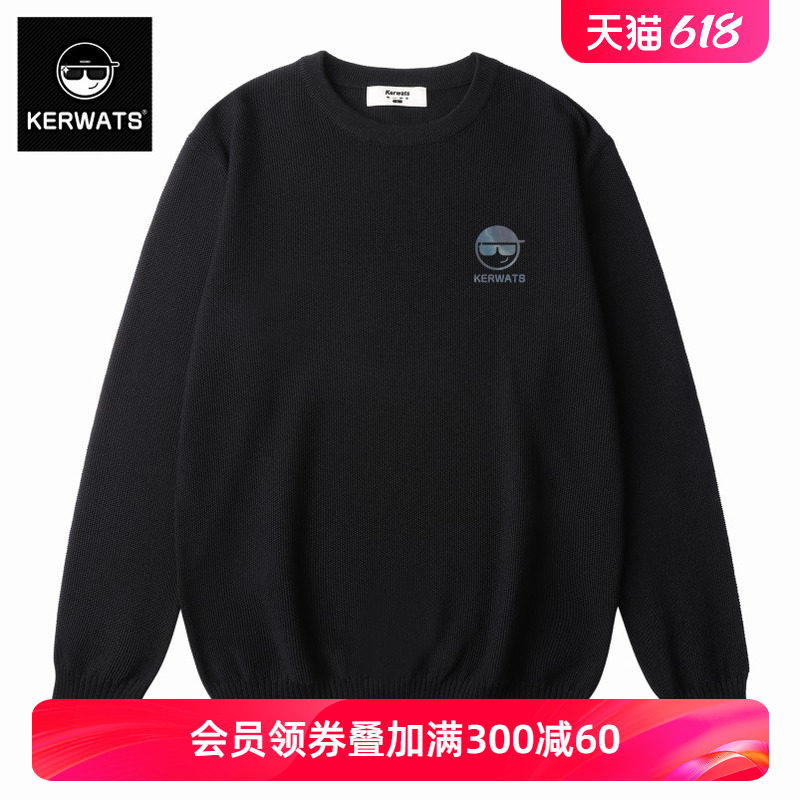kerwats可维斯品牌大码男女情侣无性别笑脸胸花圆领提花针织毛衣