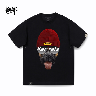 KERWATS可维斯品牌大码男女情侣红帽狗头印花潮牌休闲落肩短袖t恤