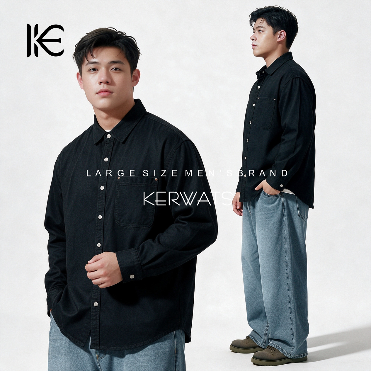 KERWATS可维特斯品牌大码男装纯色棉春秋季肥仔基础宽松长袖衬衫
