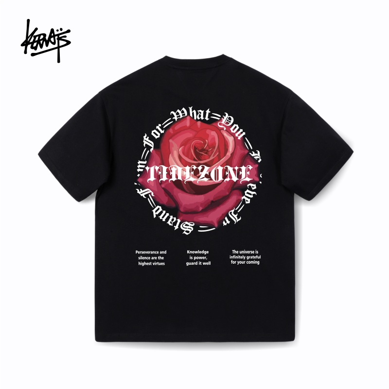 KERWATS韩版潮牌玫瑰花卉英文印花宽松t恤无性别男女圆领落肩短袖