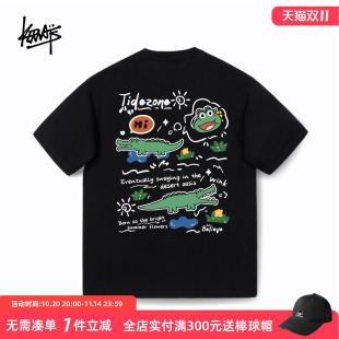 KERWATS男女情侣圆领字母涂鸦鳄鱼卡通图案印花重磅落肩短袖 棉t恤
