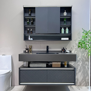 浴室柜岩板陶瓷无缝盆酒店风卫生间折叠风水镜柜组合洗脸池洗漱台